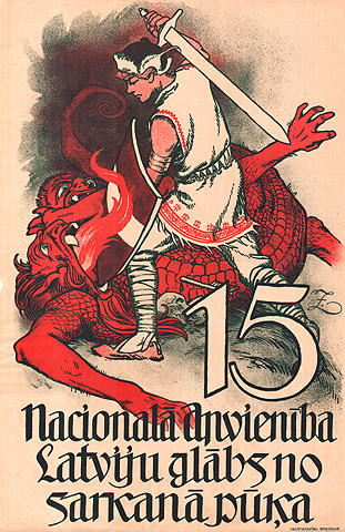 Vēlēšanu plakāts. Nacionālā savienība Latviju glābs no sarkanā pūķa.