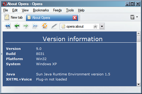 Opera 9, technology preview skrīnšots (opera:about logs)