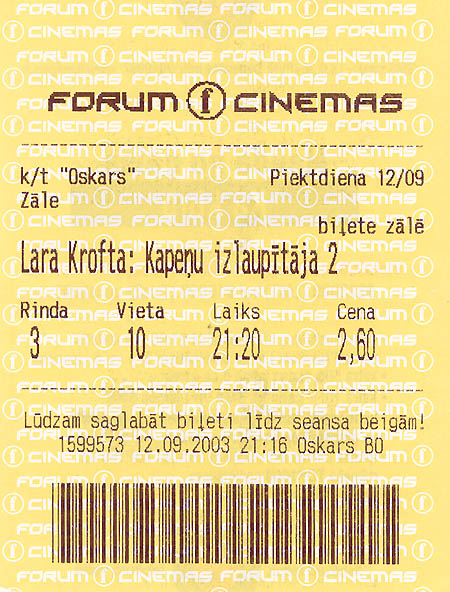 Biļete uz filmu 'Lara Krofta: Kapeņu izlaupītājā 2, k/t Oskars