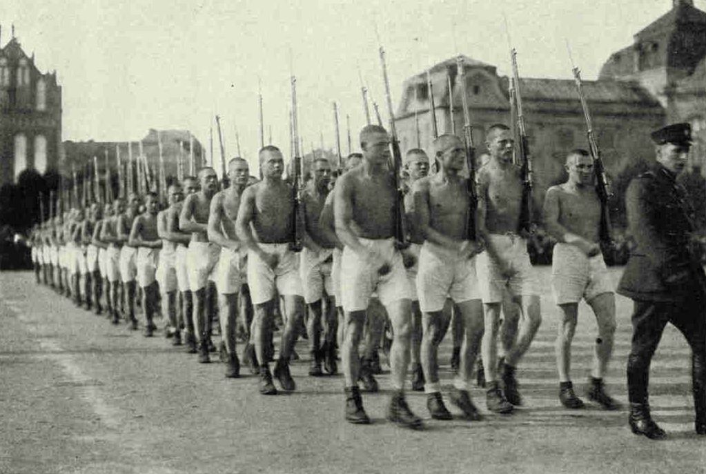 Latvian Soldiers on The Esplanade at Riga During A Military CompetitionDuring the last eight years five wars have swept over the little Latvian nation. It is an easy matter to remember the military strength of the country. They are a nation of 2,000,000, with a standing army of 20,000 and 2,000 Boy Scouts.Photograph by J. Recksta