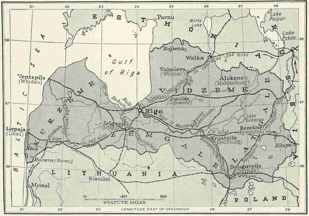 A Map of The Baltic Republic of LatviaThe boundaries of the new nation, which has an area about half as large as New York State and a population about equal to that of Philadelphia, roughly outline a recumbent blackamoor's head, with his kinky pate toward Russia, the profile thrust against southern Esthonia, the narrow throat at Riga, and the back resting upon Lithuania (see text, page 401). The place names are in the spelling now appearing on maps published by the Latvian Government. The more familiar German or Russian names in most instances have been given in parentheses.Drawn by Charles E. Riddiford