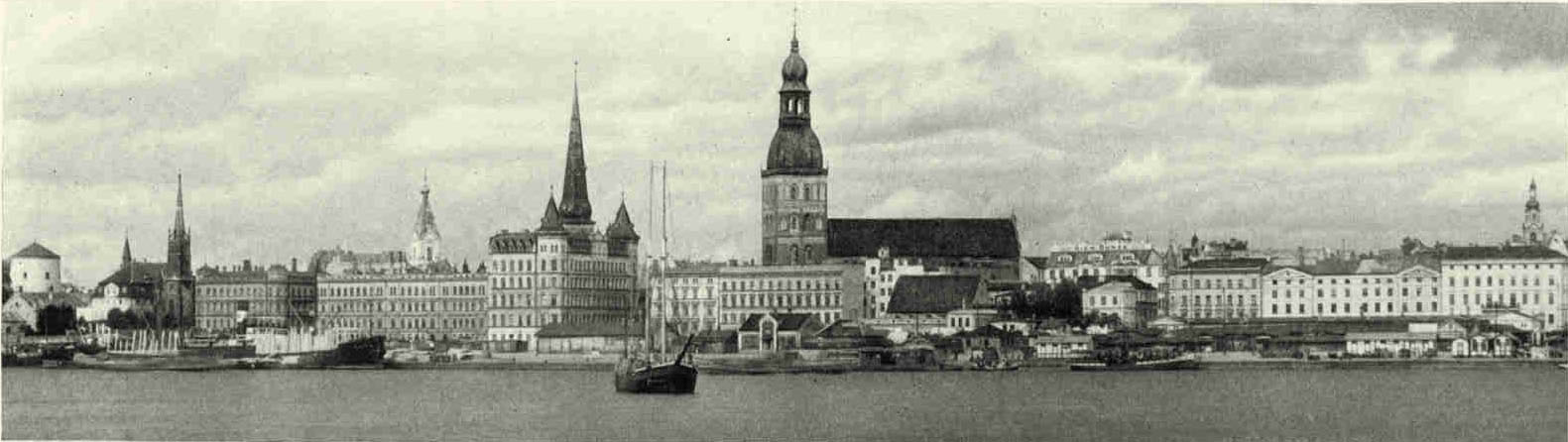 The Sky Line of Riga From Across The DaugavaAt the extreme left is the tower of the Schloss, the home of the Latvian President, and at the right the tower of the Rathaus, or former city hall, built in 1750. Already the progressive and industrious Letts are making plans to harness the waters of the Daugava (Düna) as a hydro-electric remedy for the nation's shortage of coal.Photograph by Maynard Owen Williams