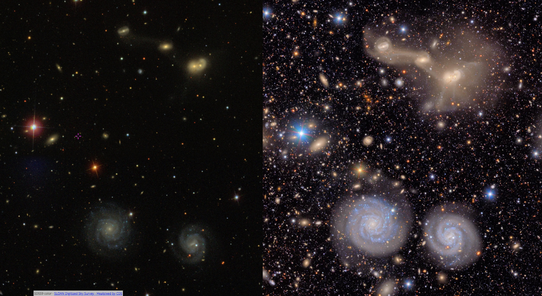 Viena un tā pati vieta. Pa kreisi Sloan Digital Sky Survey-V, pa labi Vera C. Rubin Observatory bilde